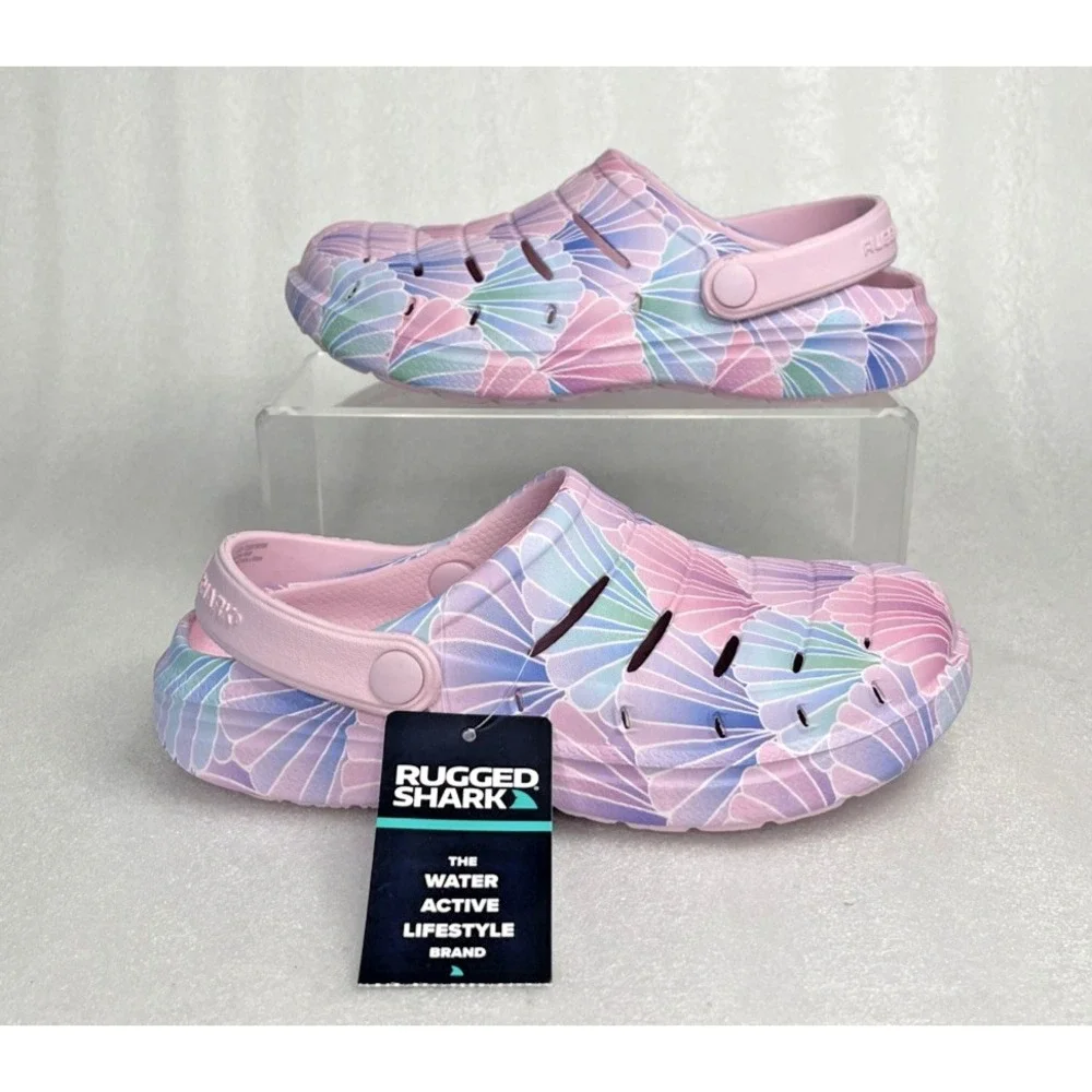 Rugged Shark Eva Shell Print Pink Clogs Slip on Sandals Girls Size 3 NEW